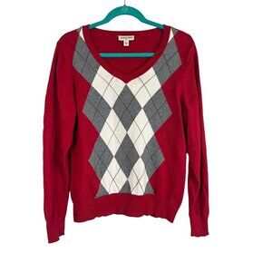 St Johns Bay Argyle Knit Sweater PL Red Preppy Varsity Retro 80s Old Money